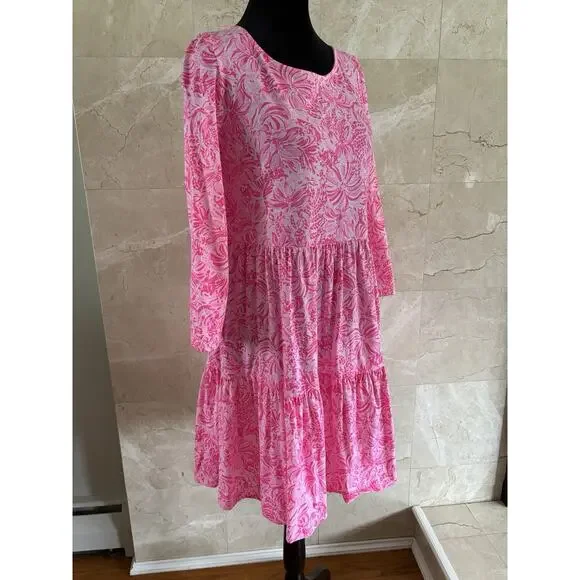 Lilly Pulitzer Geanna Swing Dress — S Pink Blossom Foxy Llama 3/4 Sleeve Tiered - Picture 3 of 10